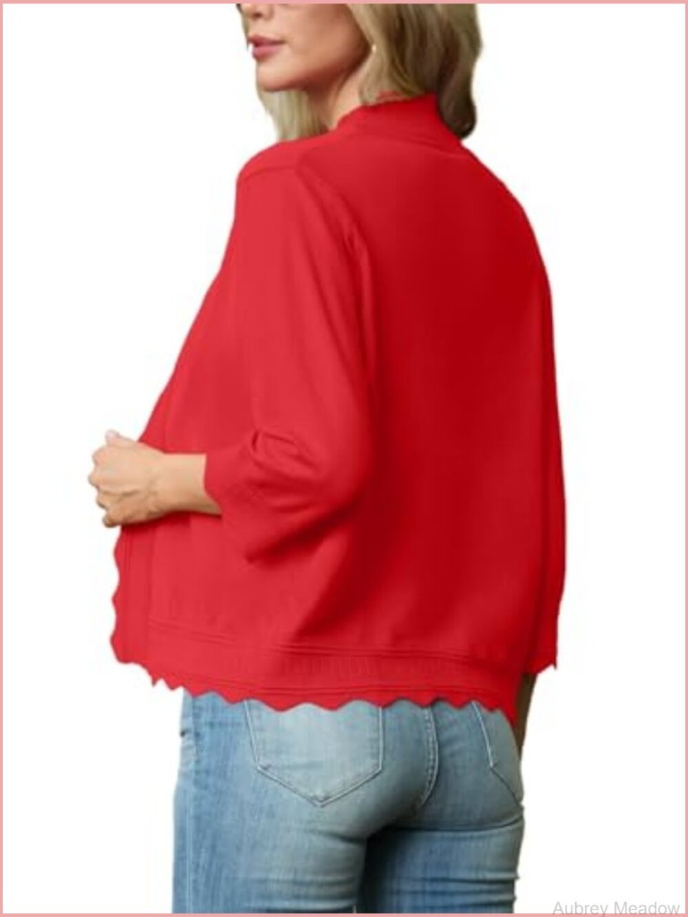 Lightweight Summer Cardigan 3/4 Sleeve Open Front Scalloped Trim Knit Sweater - Picture 5 of 5